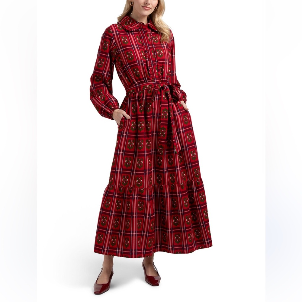 Vintage 70s Inspired Red Plaid Floral Maxi Dress Belted NWT